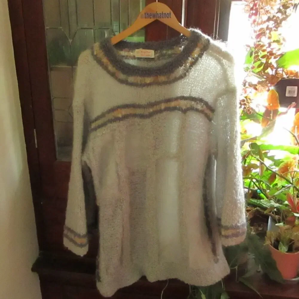 Vintage 70s 80s Handmade Mohair Wool Blend Sweater Fuzzy Knit Tunic Gray Long
